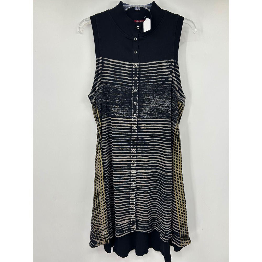 Barbara Lesser Sleeveless Mock Neck Snap Front Striped Cotton Tunic Top Large